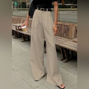 Commense Solid Wide Leg Pants Without Belt in Khaki